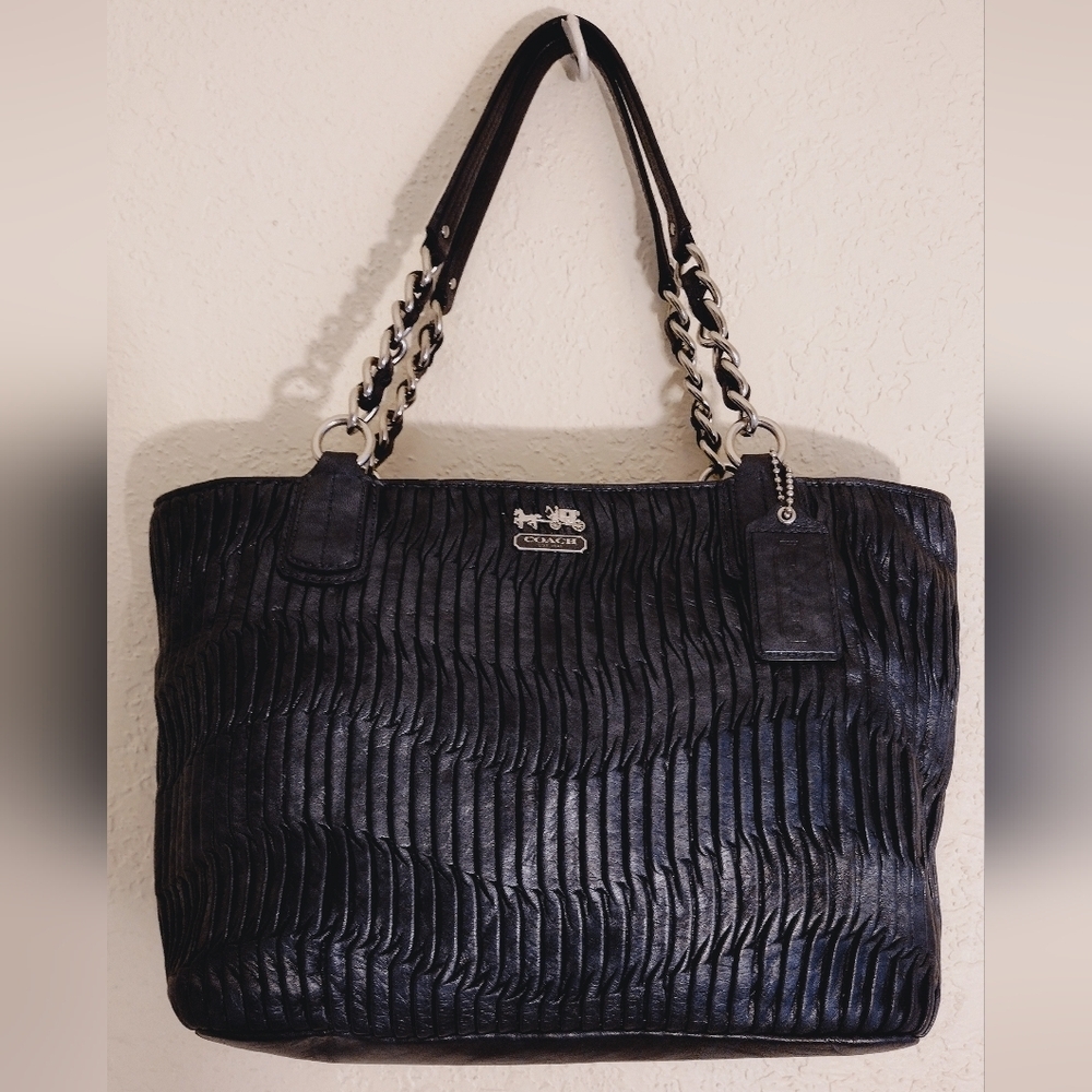 Coach Madison Metallic Black Gathered Pleated Leather Shoulder Tote Bag #20522